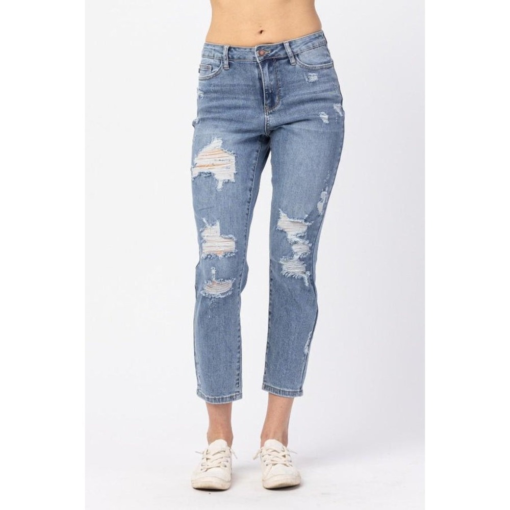 Judy Blue Hi-Waist Destroyed‎ Boyfriend Fit Distressed Light Wash Jeans Size 28